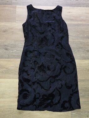 Frascara Burnout Velvet Sleeveless Scroll Sheath Dress w/Glitter Navy Blue Sz 8